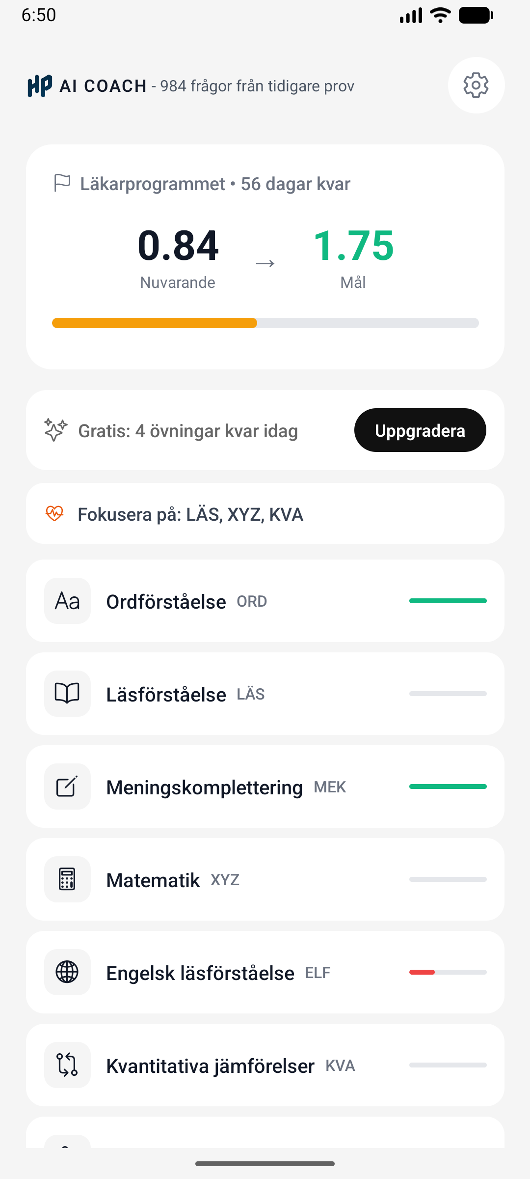 Högskoleprovet AI Coach app – dashboard med provöversikt